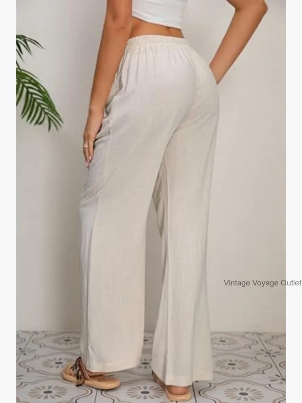 Cotton Linen Palazzo Pants Wide Leg Drawstring Waist Casual Lounge Trousers - Picture 2 of 6